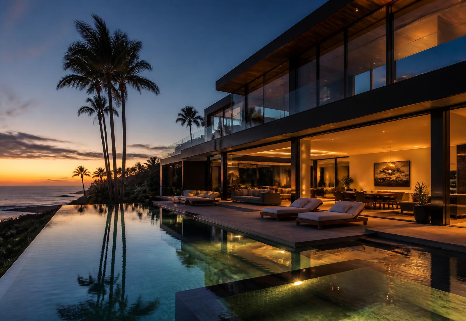 Modern luxury home at dusk used as an AI video example